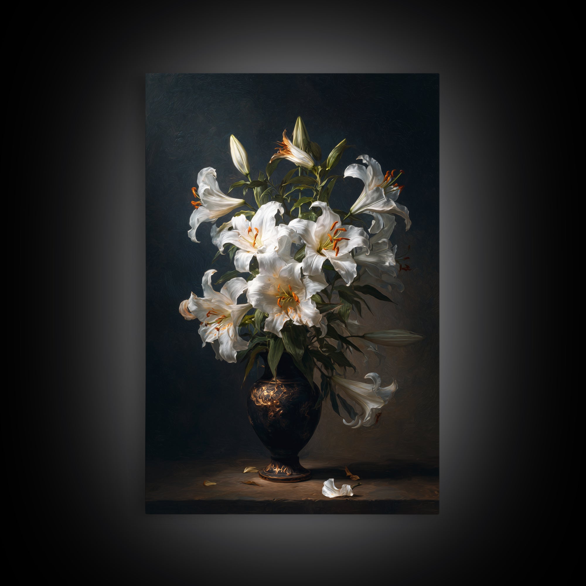 Dramatic White Lilies Framed Canvas Print, Baroque Art, Modern Decor, Living Room Decor, Fine Art, Ornate, Poster, Painting, BAO-2x3-68