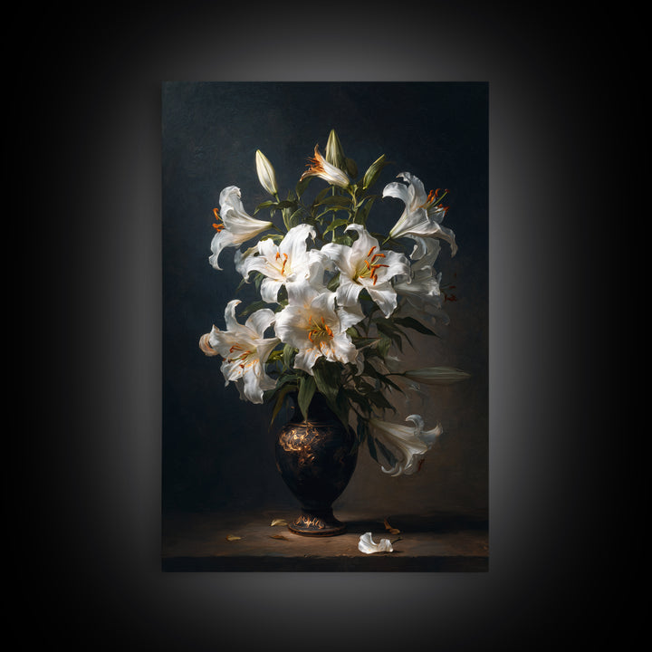 Dramatic White Lilies Framed Canvas Print, Baroque Art, Modern Decor, Living Room Decor, Fine Art, Ornate, Poster, Painting, BAO-2x3-68