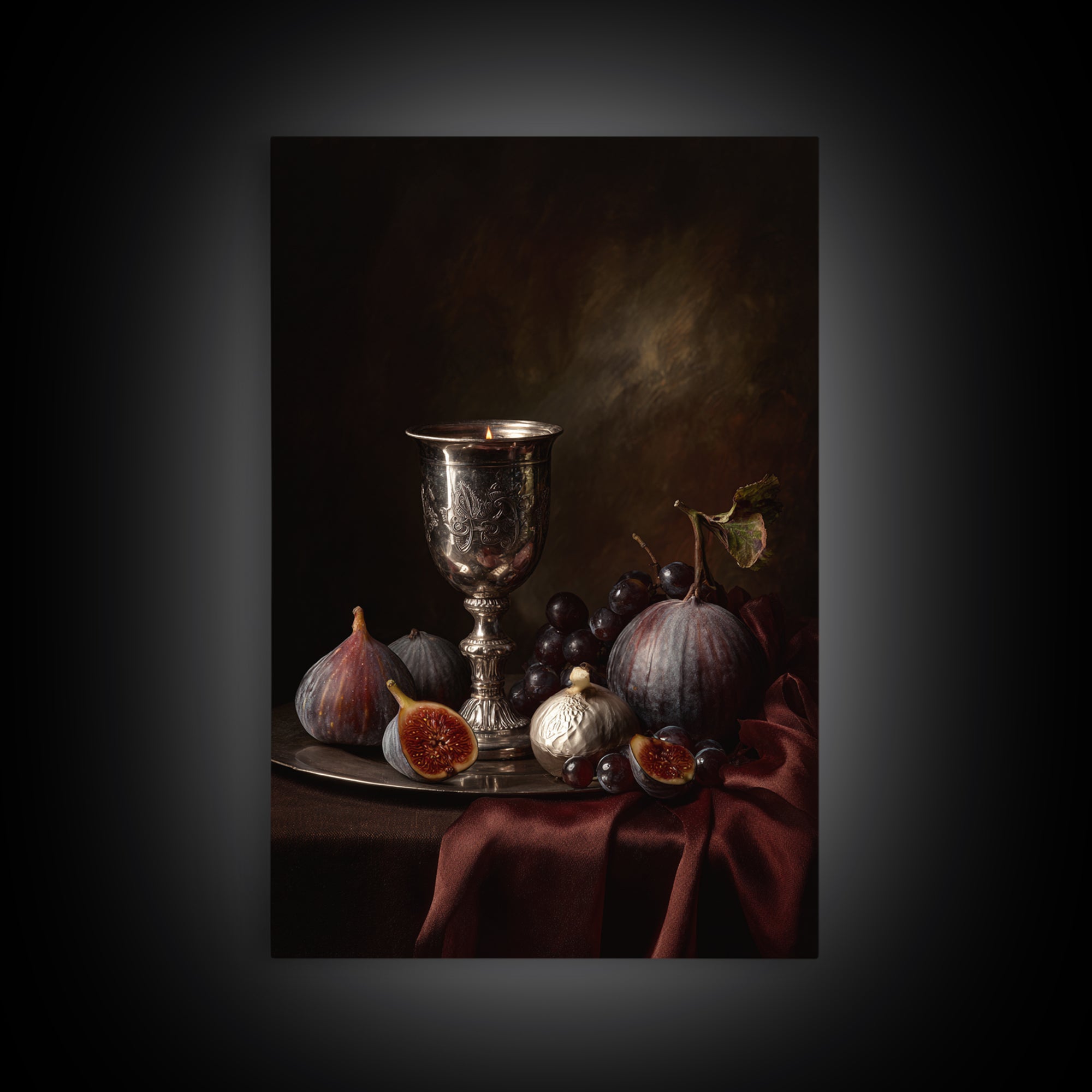 Candlelit Table with Silver Goblet and Figs Framed Canvas Print, Baroque Art, Room Decor, Living Room Decor, Fine Art, Ornate, BAO-2x3-69