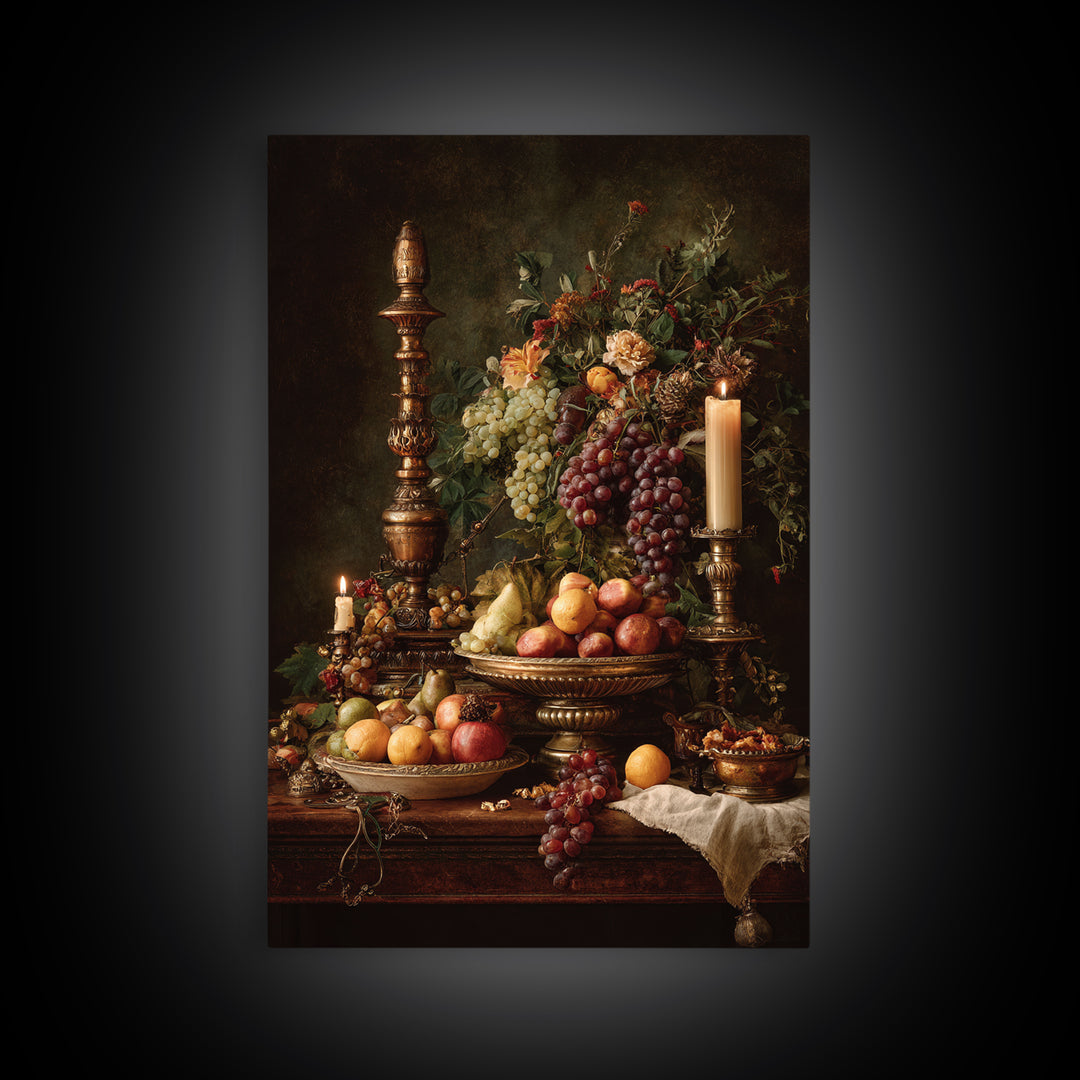 Lavish Banquet Fruit Composition Framed Canvas Print, Baroque Art, Textured Painting, Living Room Decor, Fine Art, Ornate, BAO-2x3-76
