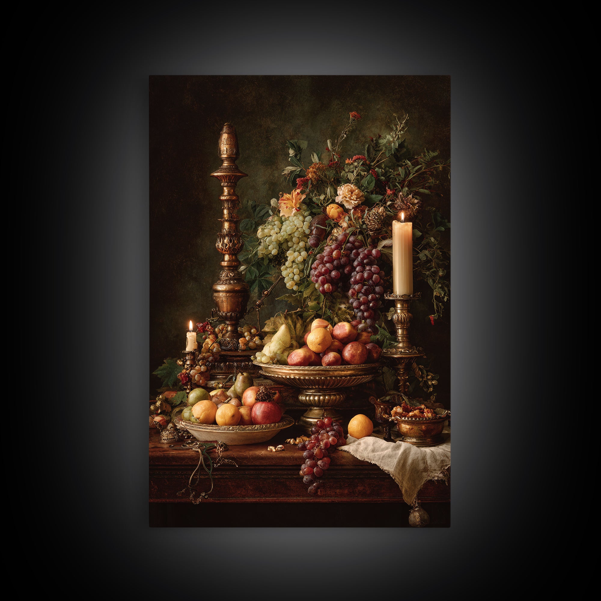 Lavish Banquet Fruit Composition Framed Canvas Print, Baroque Art, Textured Painting, Living Room Decor, Fine Art, Ornate, BAO-2x3-76
