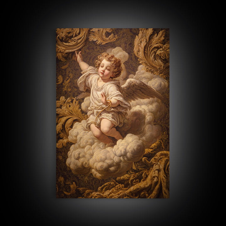 Ornate Cherub Figure Surrounded by Clouds and Canvas Print, Baroque Art, Luxury Decor, Living Room Decor, Fine Art, Ornate, BAO-2x3-82
