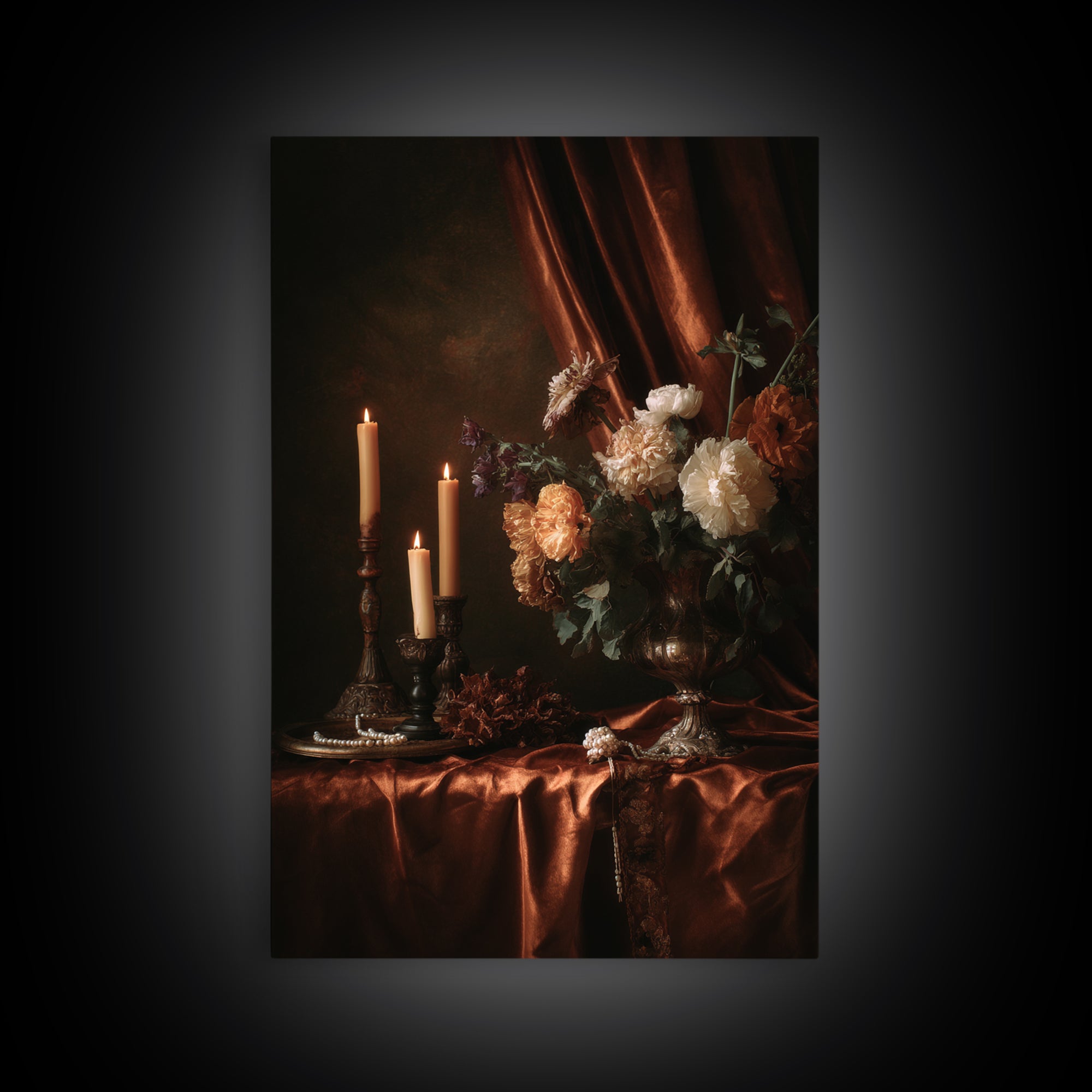 Velvet Drapery with Pearls Flowers and Candlelight Framed Canvas Print, Baroque Art, Boho Decor, Living Room Decor, Ornate, BAO-2x3-83