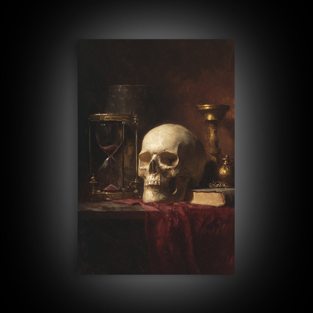 Skull and Hourglass Vanitas Still Life Framed Canvas Print, Baroque Art, Contemporary Art, Living Room Decor, Fine Art, Ornate, BAO-2x3-85