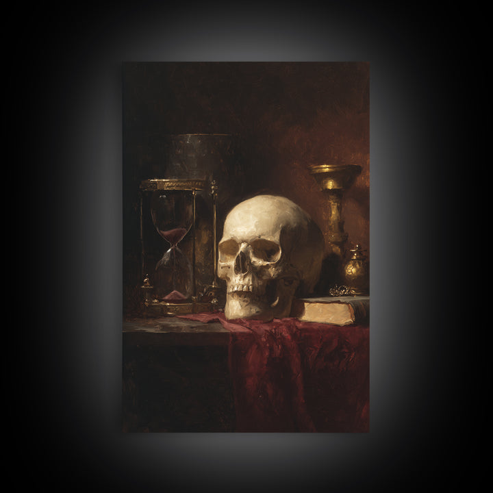 Skull and Hourglass Vanitas Still Life Framed Canvas Print, Baroque Art, Contemporary Art, Living Room Decor, Fine Art, Ornate, BAO-2x3-85