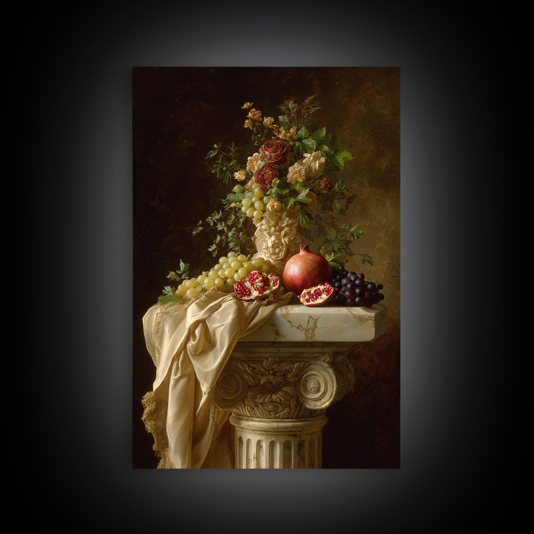 Pomegranate and Grapes on a Marble Ledge Framed Canvas Print, Baroque Art, Neutral Decor, Living Room Decor, Fine Art, Ornate, BAO-2x3-88