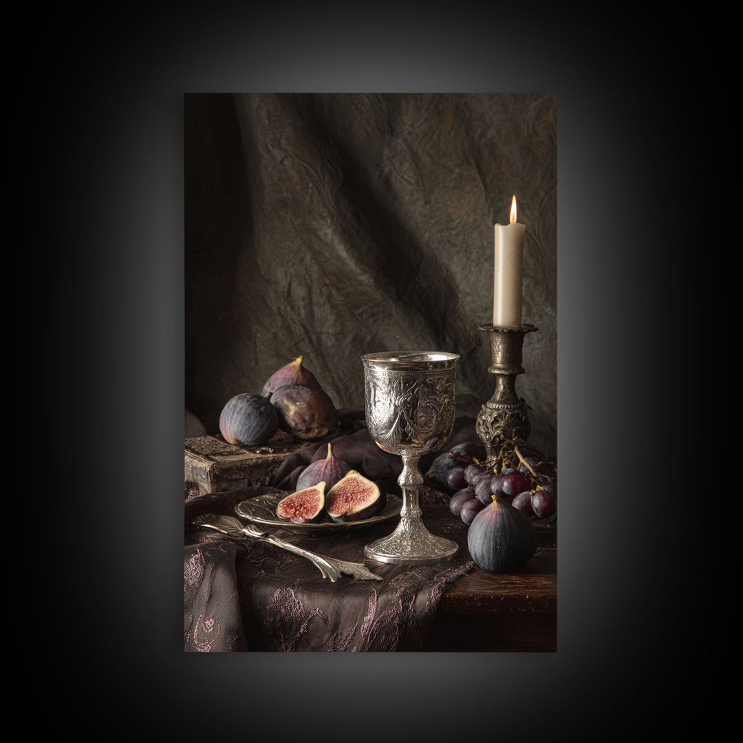 Candlelit Table with Silver Goblet and Figs Framed Canvas Print, Baroque Art, Room Decor, Living Room Decor, Fine Art, Ornate, BAO-2x3-93
