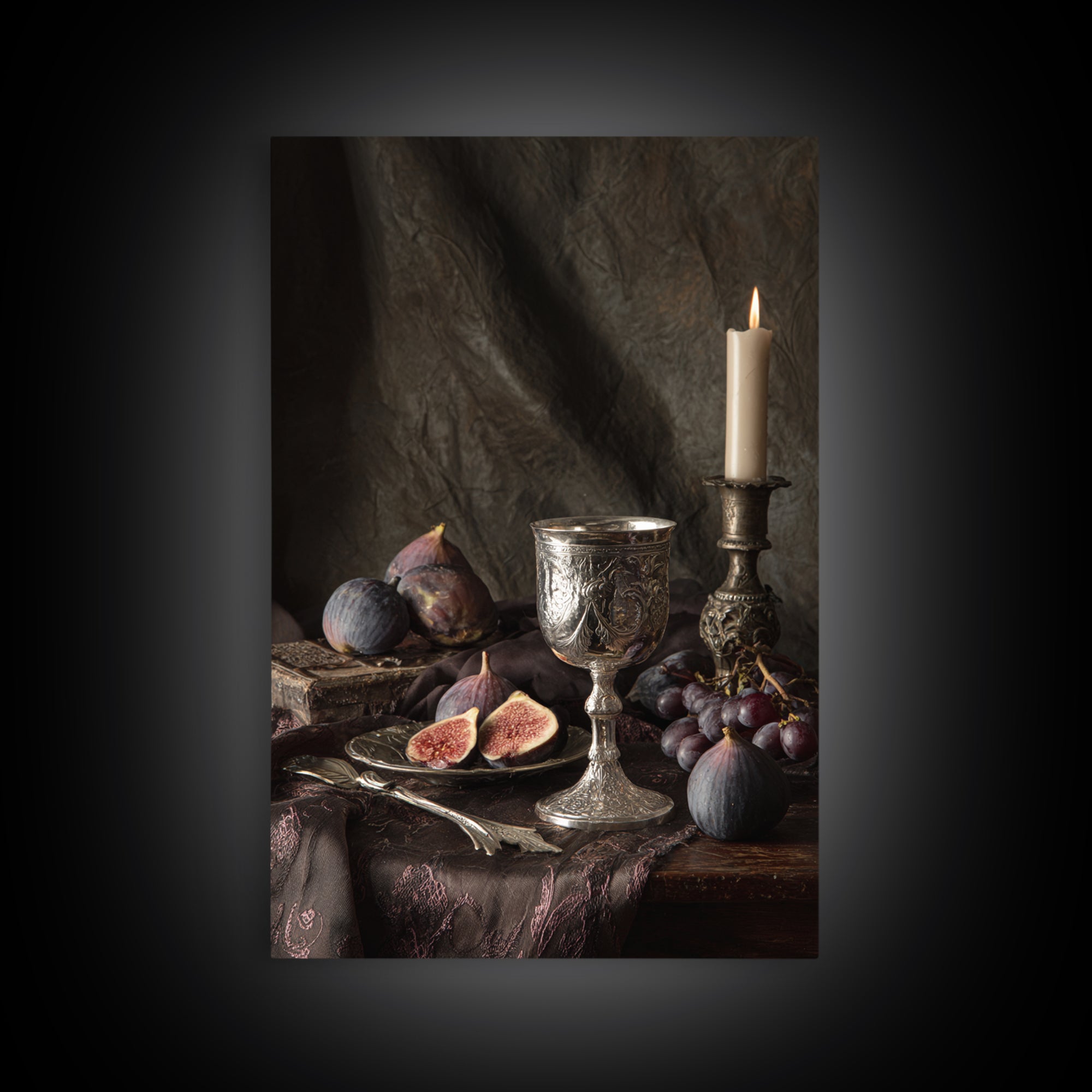 Candlelit Table with Silver Goblet and Figs Framed Canvas Print, Baroque Art, Room Decor, Living Room Decor, Fine Art, Ornate, BAO-2x3-93