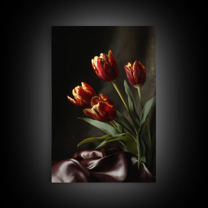 Black Background Tulips Canvas Print, Baroque Art, Fine Art Print, Living Room Decor, Fine Art, Ornate, Painting, BAO-2x3-96