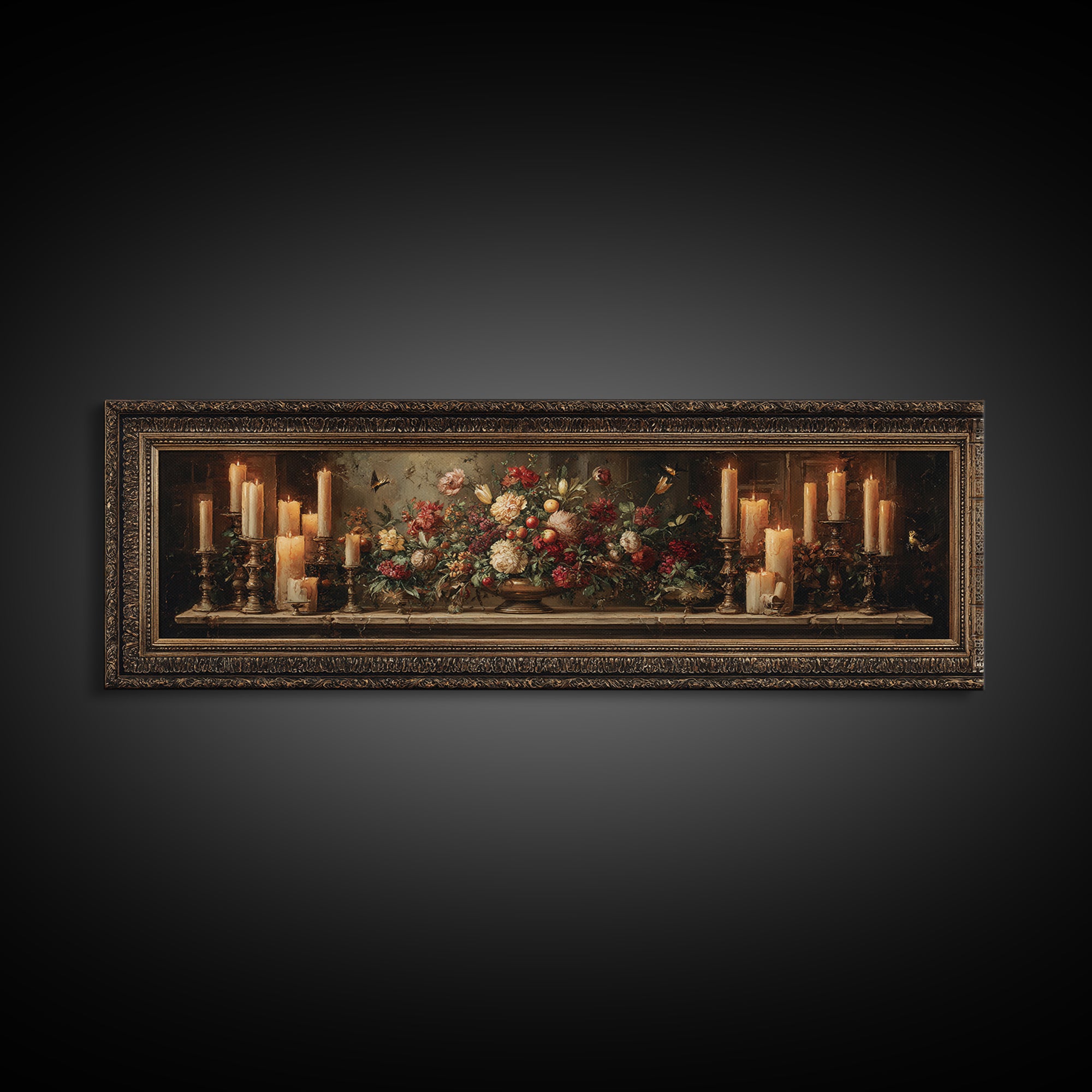 Ornate Gold Frame Illusion Around a Botanical Framed Canvas Print, Baroque Art, Wall Art, Living Room Decor, Fine Art, Ornate, BAO-3x1-1