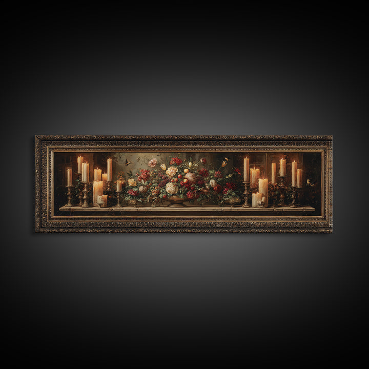 Ornate Gold Frame Illusion Around a Botanical Framed Canvas Print, Baroque Art, Wall Art, Living Room Decor, Fine Art, Ornate, BAO-3x1-1