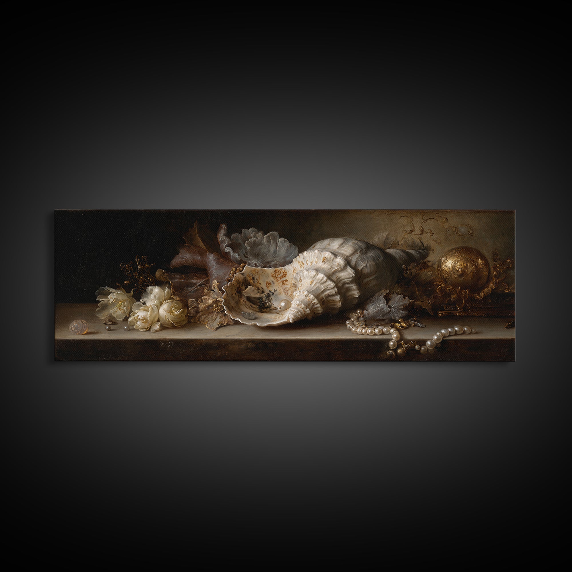 Ornamental Shell and Pearl Composition Canvas Print, Baroque Art, Gallery Wall, Living Room Decor, Ornate, Neutral Decor, BAO-3x1-14