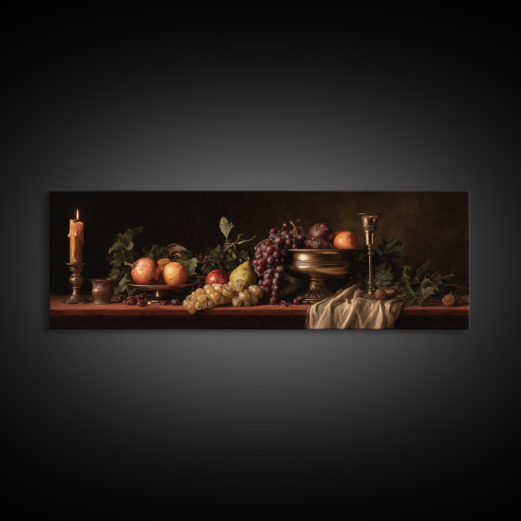 Dramatic Fruit Still Life Framed Canvas Print, Baroque Art, Decor, Living Room Decor, Fine Art, Ornate, Moody Wall Art, BAO-3x1-17