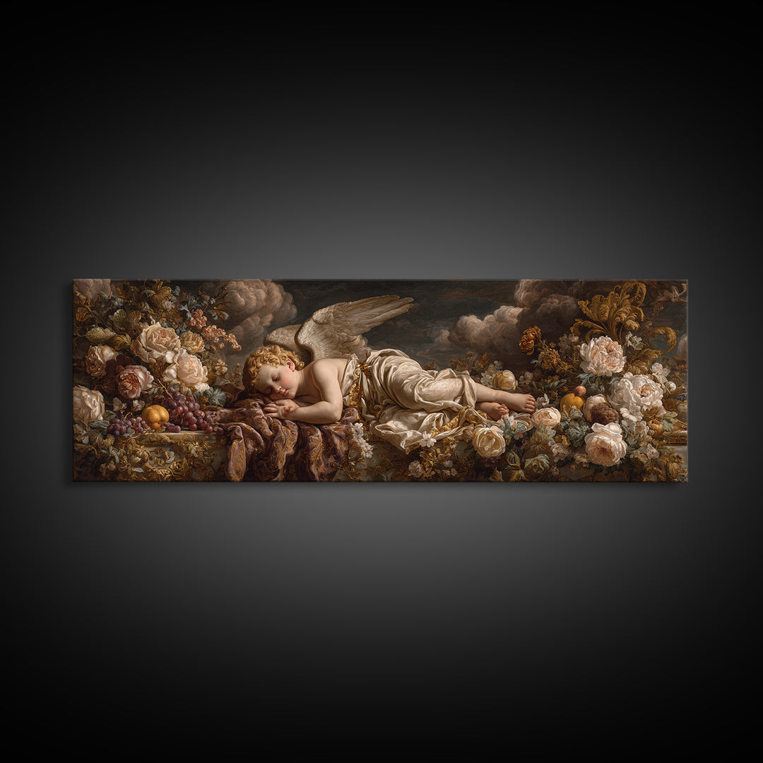 Ornate Cherub Figure Surrounded by Clouds and Framed Canvas Print, Baroque Art, Contemporary Art, Living Room Decor, Ornate, BAO-3x1-18
