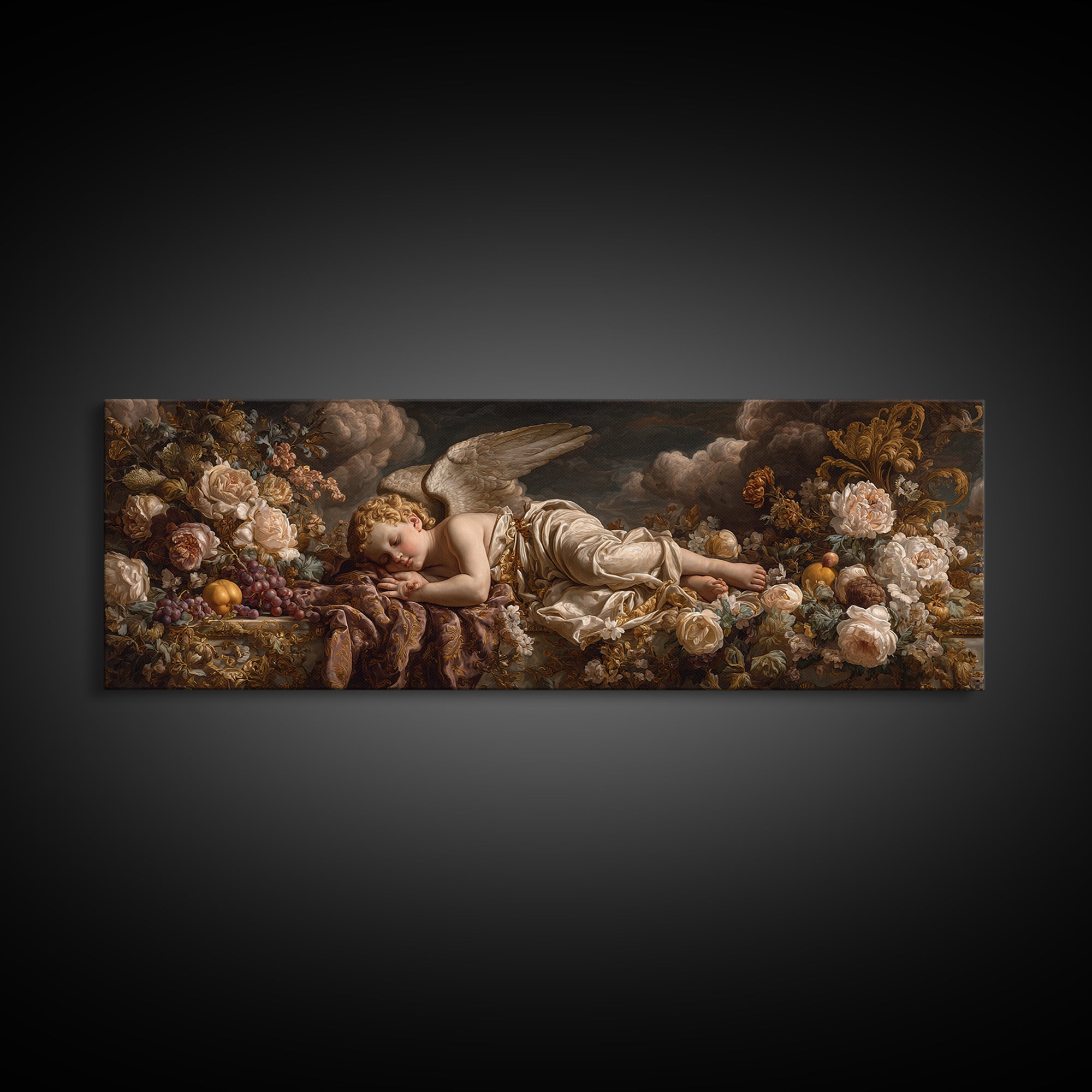 Ornate Cherub Figure Surrounded by Clouds and Framed Canvas Print, Baroque Art, Contemporary Art, Living Room Decor, Ornate, BAO-3x1-18