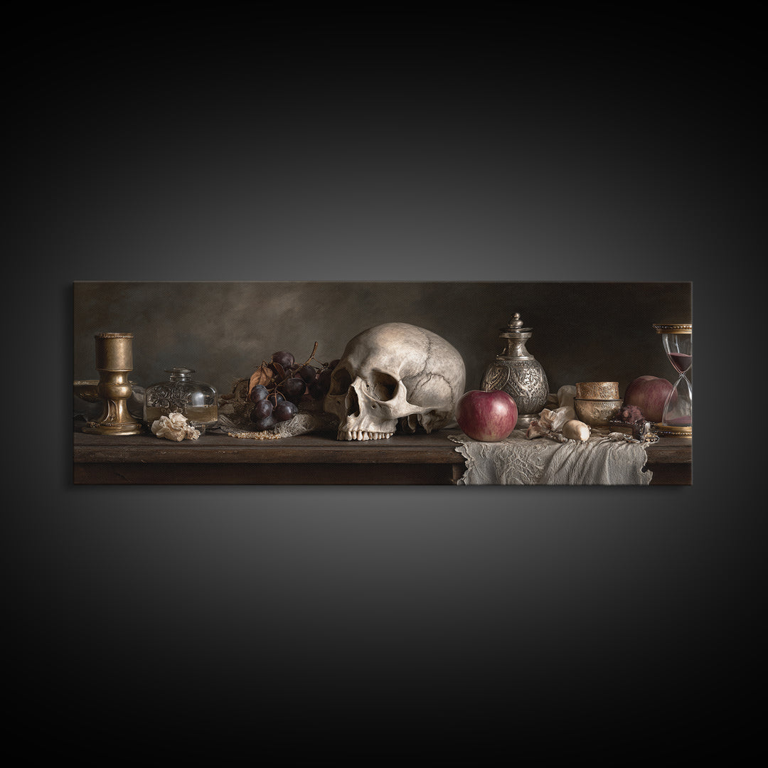 Skull and Hourglass Vanitas Still Life Canvas Print, Baroque Art, Printable Wall Art, Living Room Decor, Fine Art, Ornate, BAO-3x1-21