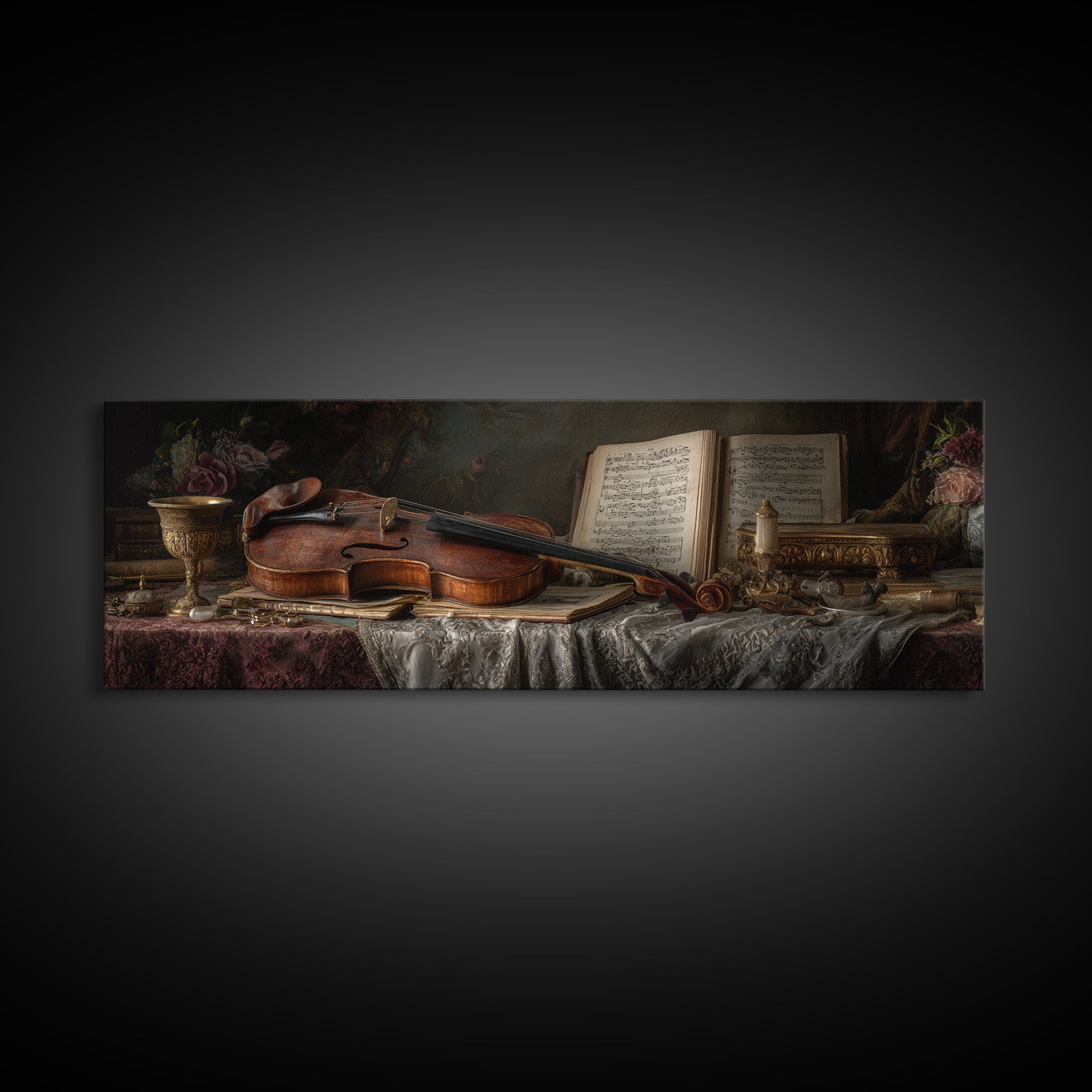 Baroque Violin and Sheet Music Still Life Framed Canvas Print, Baroque Art, Home Decor, Living Room Decor, Fine Art, Ornate, BAO-3x1-27