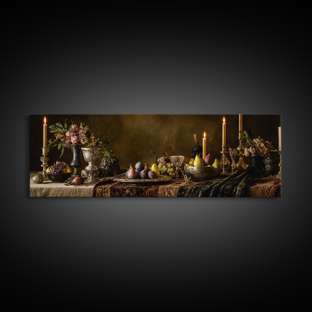 Candlelit Table with Silver Goblet and Figs Canvas Print, Baroque Art, Poster, Living Room Decor, Oil Painting, Ornate, BAO-3x1-29