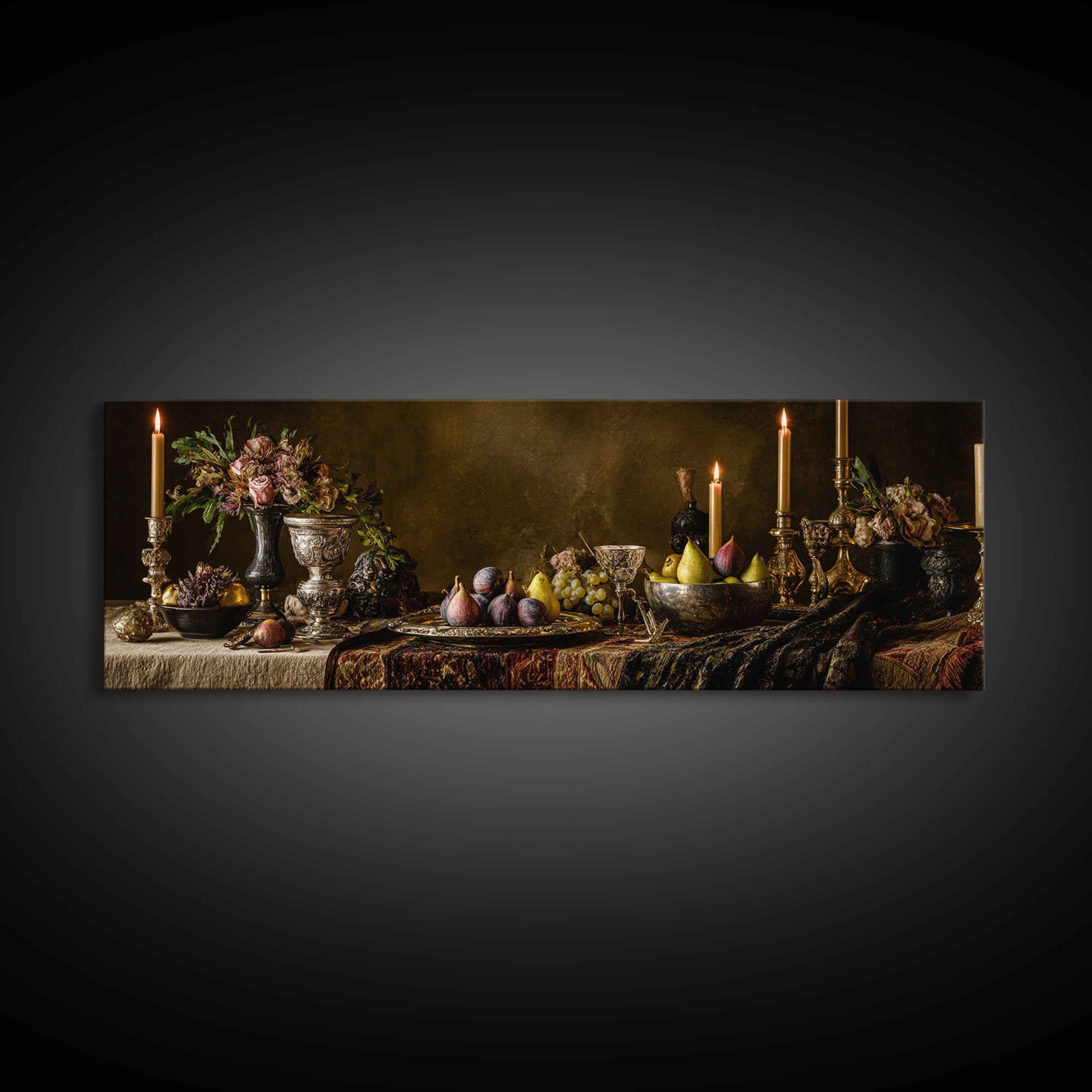 Candlelit Table with Silver Goblet and Figs Canvas Print, Baroque Art, Poster, Living Room Decor, Oil Painting, Ornate, BAO-3x1-29