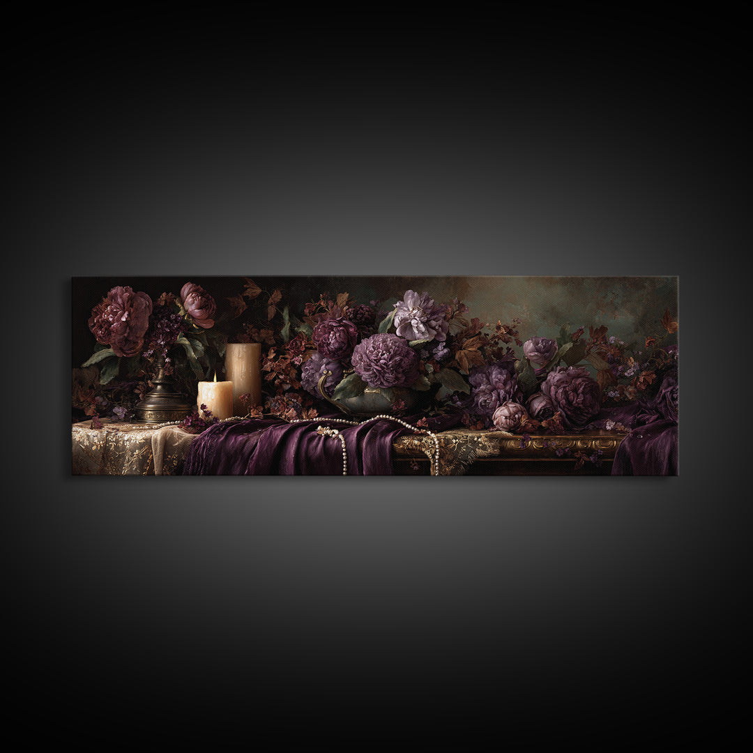 Velvet Drapery with Pearls Flowers and Candlelight Canvas Print, Baroque Art, Art Print, Living Room Decor, Fine Art, Ornate, BAO-3x1-43