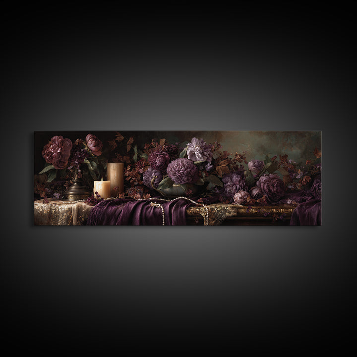 Velvet Drapery with Pearls Flowers and Candlelight Canvas Print, Baroque Art, Art Print, Living Room Decor, Fine Art, Ornate, BAO-3x1-43