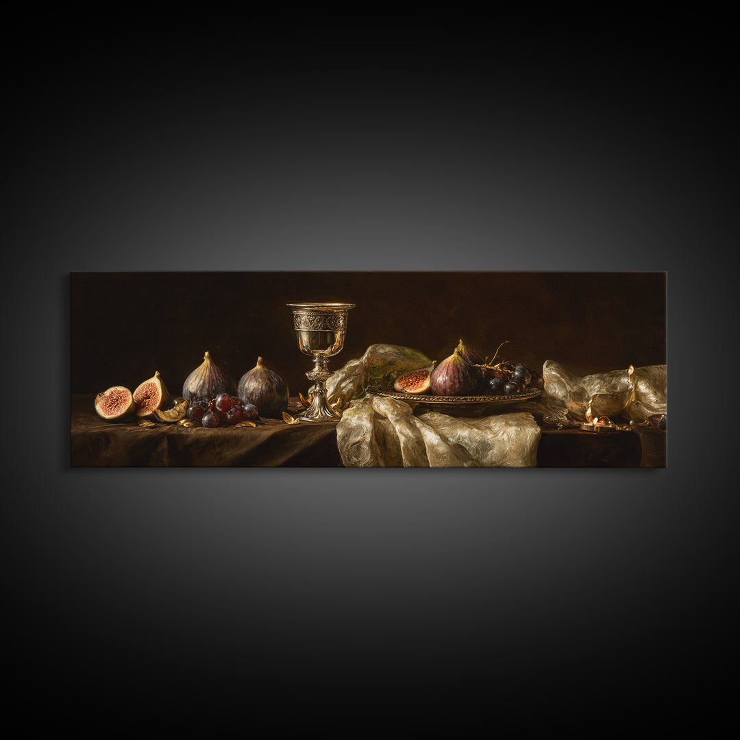 Candlelit Table with Silver Goblet and Figs Framed Canvas Print, Baroque Art, Oil Painting, Living Room Decor, Fine Art, Ornate, BAO-3x1-53