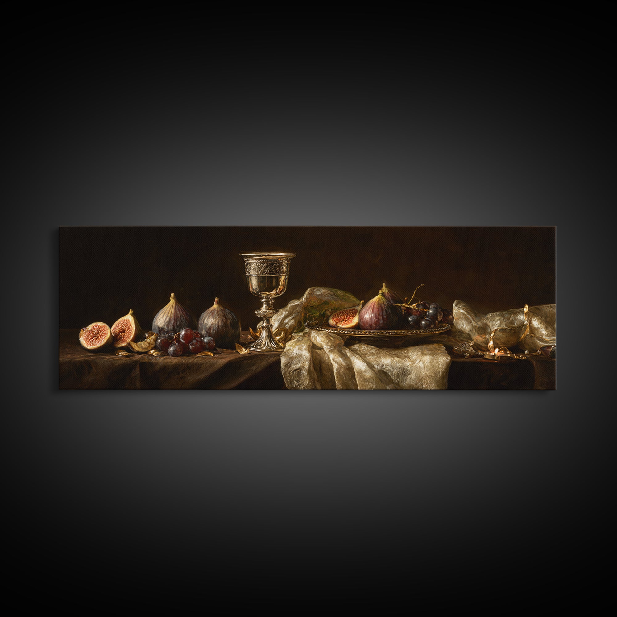Candlelit Table with Silver Goblet and Figs Framed Canvas Print, Baroque Art, Oil Painting, Living Room Decor, Fine Art, Ornate, BAO-3x1-53