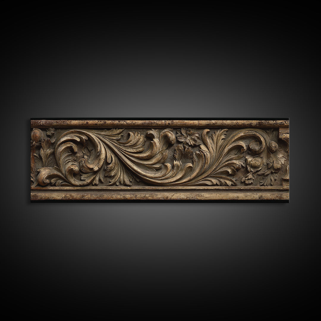 Carved Acanthus Leaf Ornament Study Framed Canvas Print, Baroque Art, Boho Decor, Living Room Decor, Oil Painting, Ornate, BAO-3x1-55