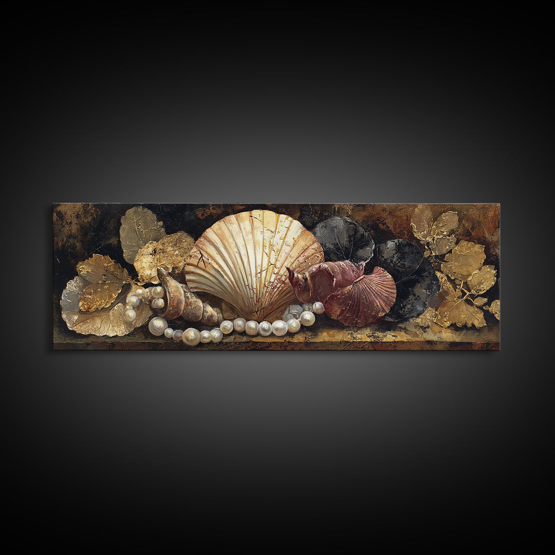 Ornamental Shell and Pearl Composition Canvas Print, Baroque Art, Gallery Wall, Living Room Decor, Oil Painting, Ornate, BAO-3x1-62