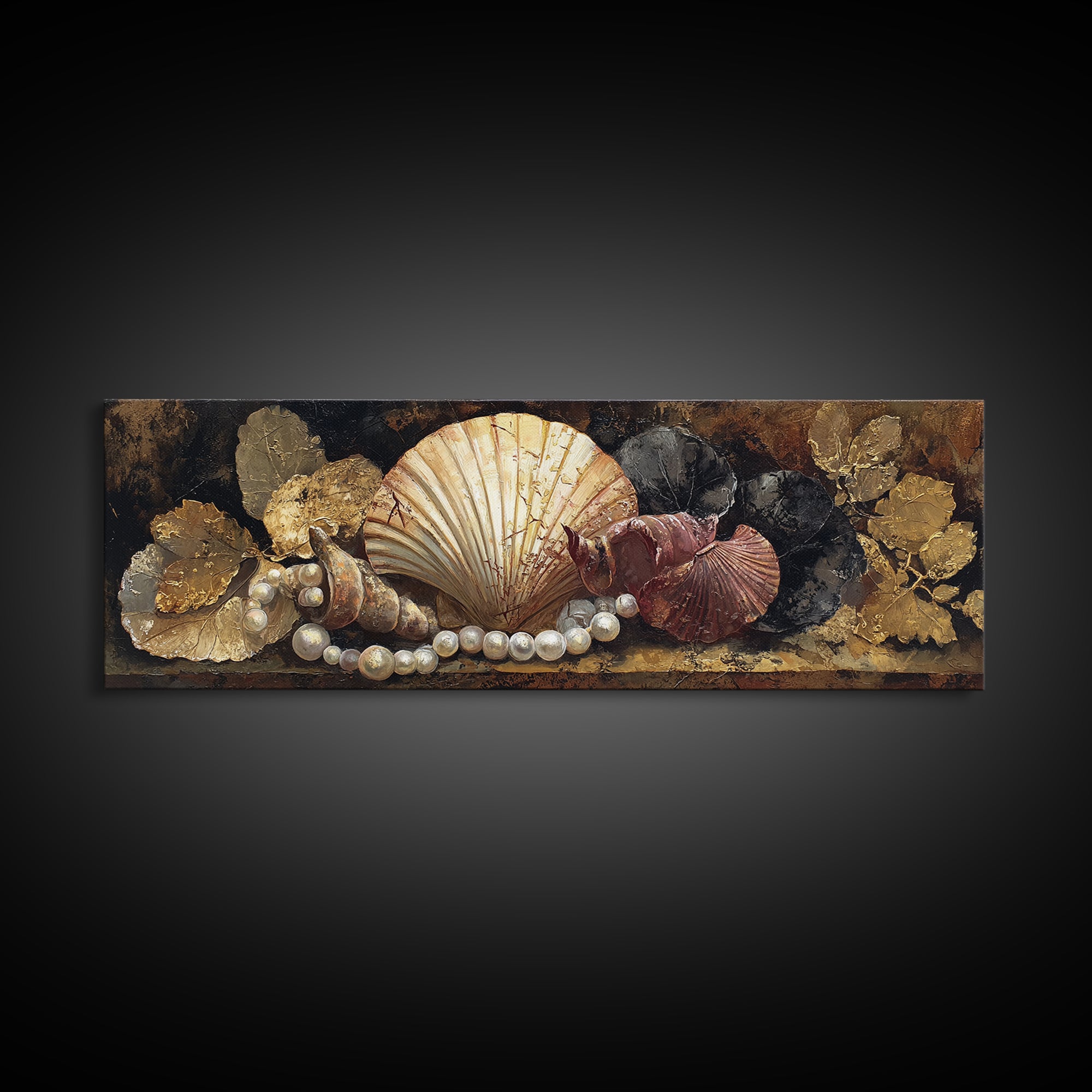Ornamental Shell and Pearl Composition Canvas Print, Baroque Art, Gallery Wall, Living Room Decor, Oil Painting, Ornate, BAO-3x1-62