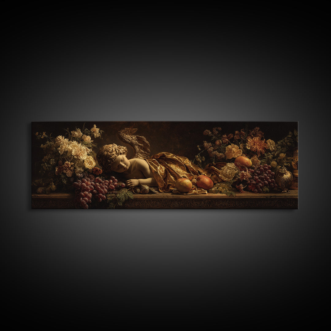Ornate Cherub Figure Surrounded by Clouds and Canvas Print, Baroque Art, Living Room Decor, Oil Painting, Ornate, BAO-3x1-66