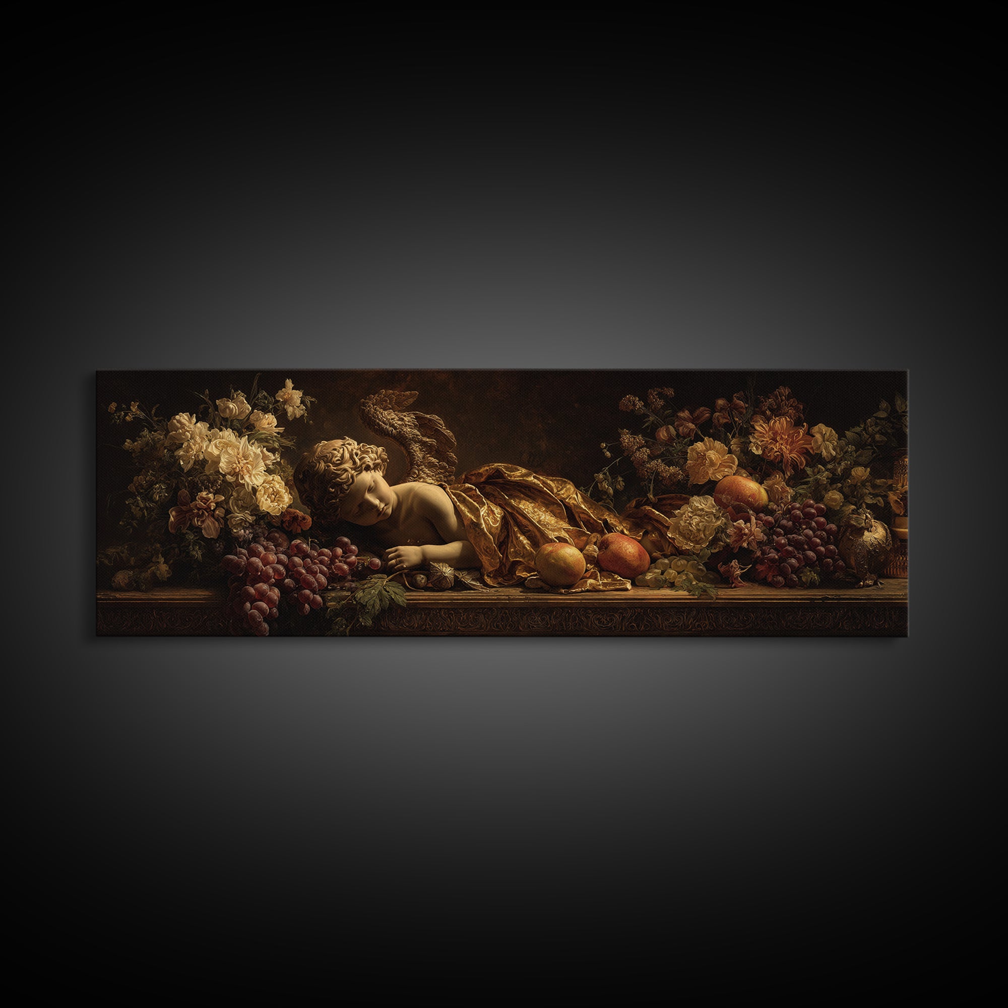 Ornate Cherub Figure Surrounded by Clouds and Canvas Print, Baroque Art, Living Room Decor, Oil Painting, Ornate, BAO-3x1-66
