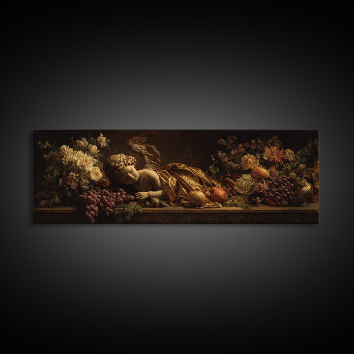 Ornate Cherub Figure Surrounded by Clouds and Canvas Print, Baroque Art, Living Room Decor, Oil Painting, Ornate, BAO-3x1-66