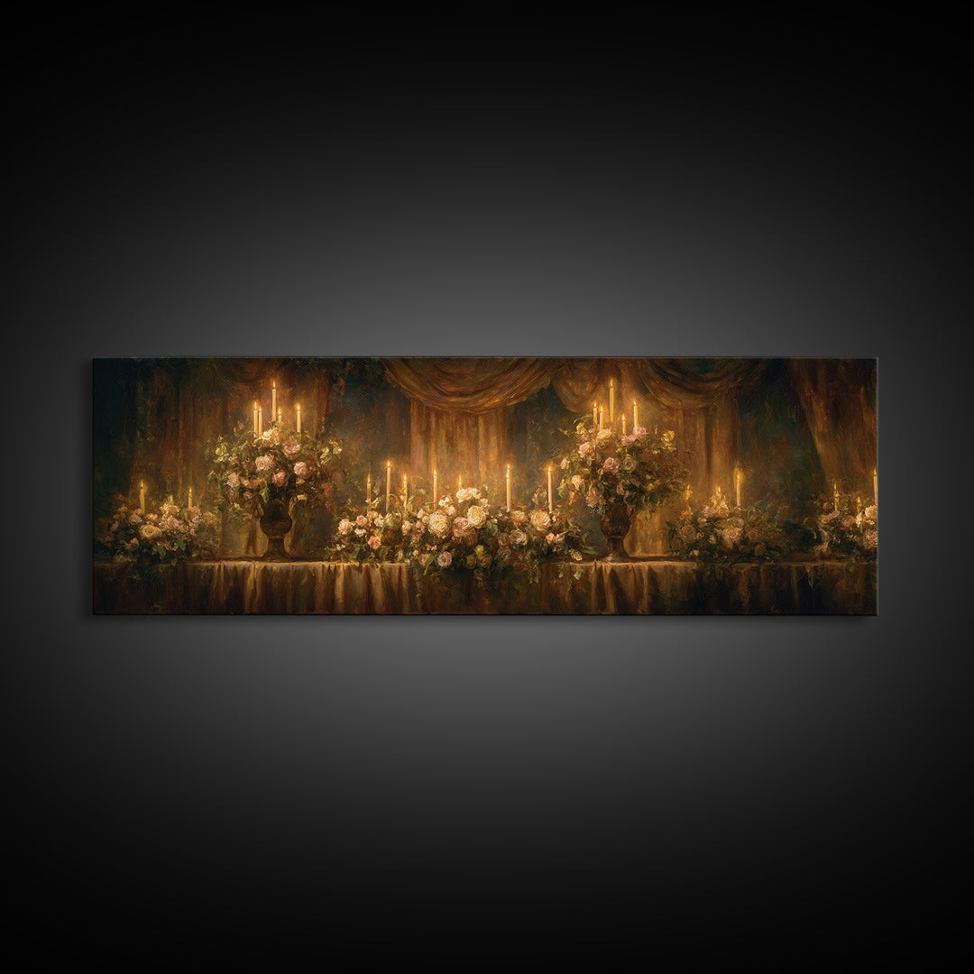 Velvet Drapery with Pearls Flowers and Candlelight Framed Canvas Print, Baroque Art, Wall Art, Living Room Decor, Ornate, BAO-3x1-67