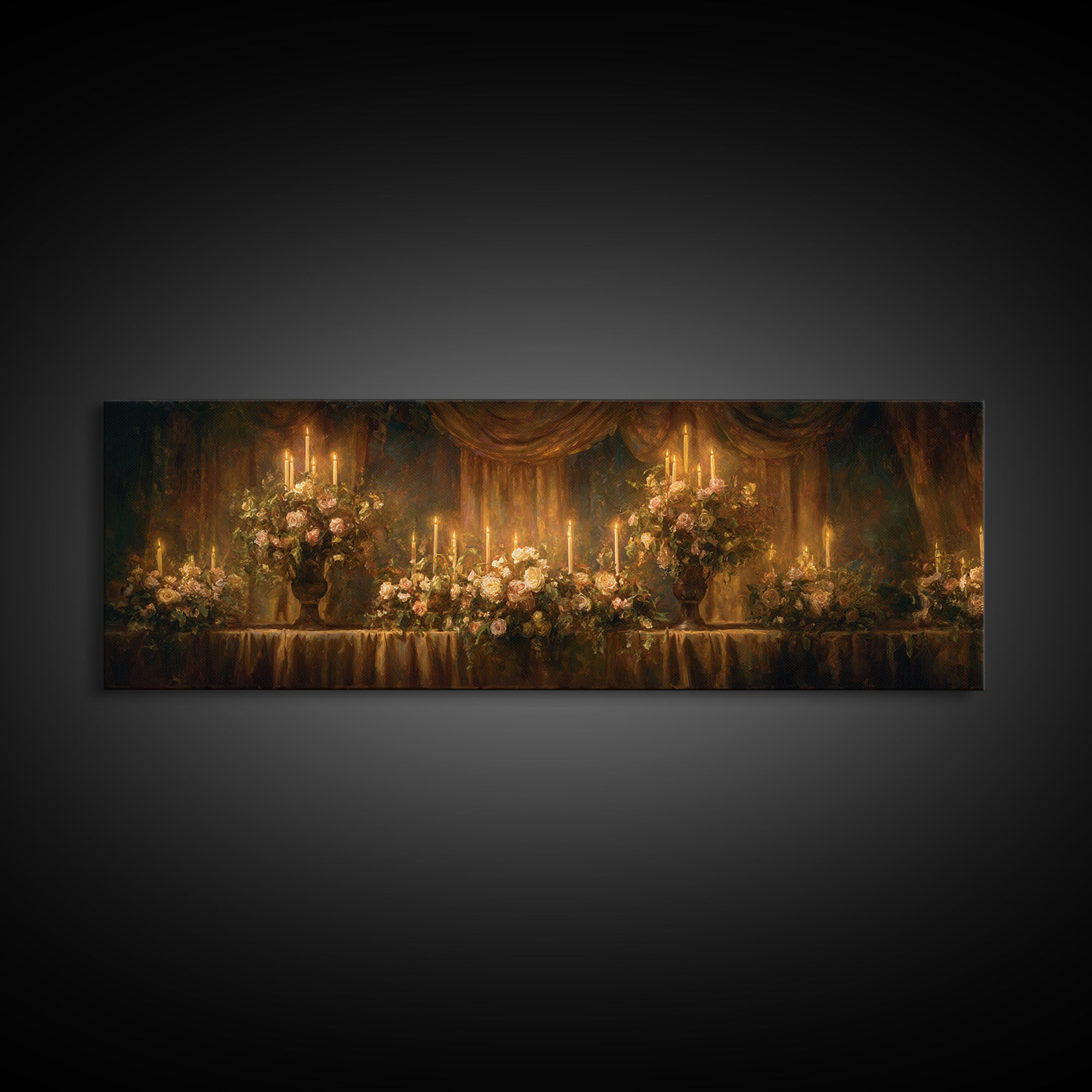 Velvet Drapery with Pearls Flowers and Candlelight Framed Canvas Print, Baroque Art, Wall Art, Living Room Decor, Ornate, BAO-3x1-67
