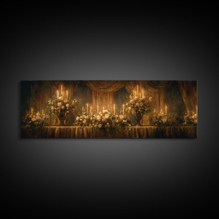 Velvet Drapery with Pearls Flowers and Candlelight Framed Canvas Print, Baroque Art, Wall Art, Living Room Decor, Ornate, BAO-3x1-67