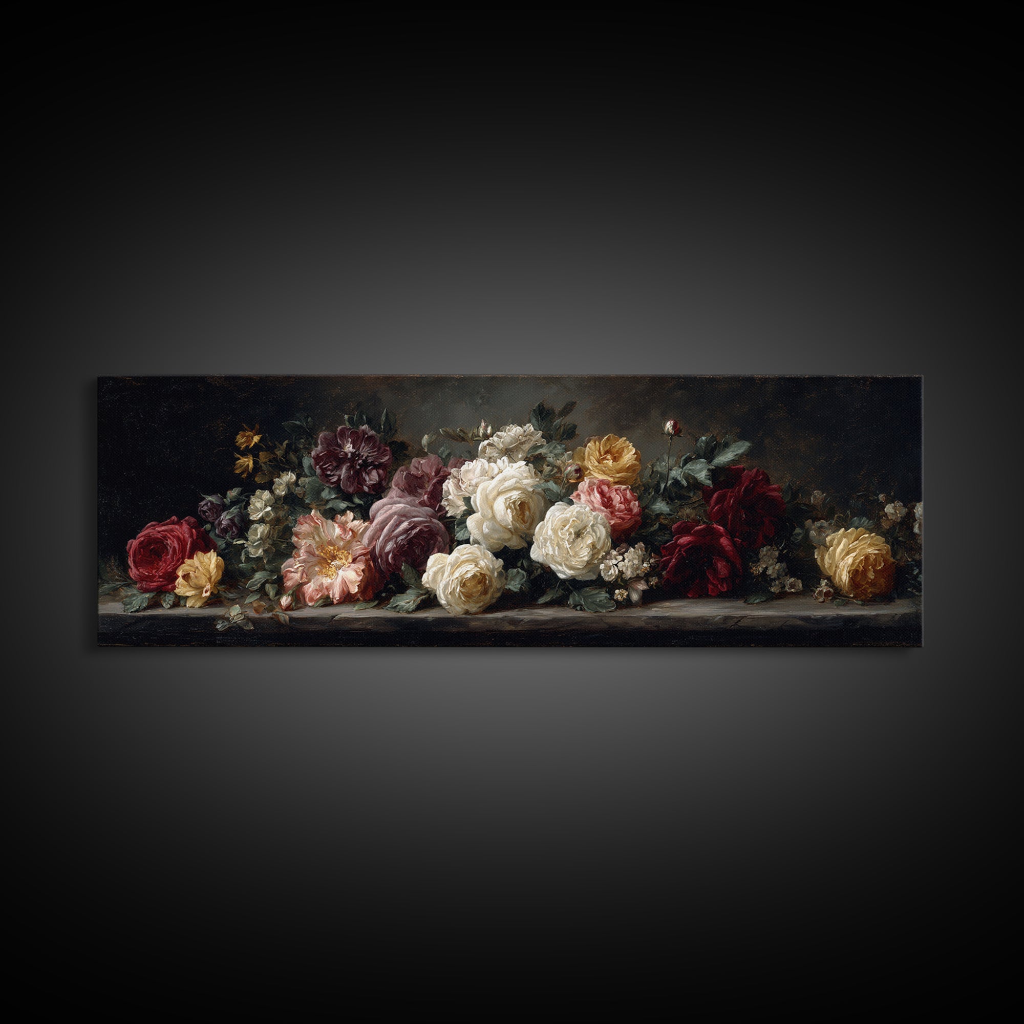 Dark Floral Arrangement Framed Canvas Print, Baroque Art, Room Decor, Living Room Decor, Fine Art, Ornate, Digital Wall Art, BAO-3x1-68