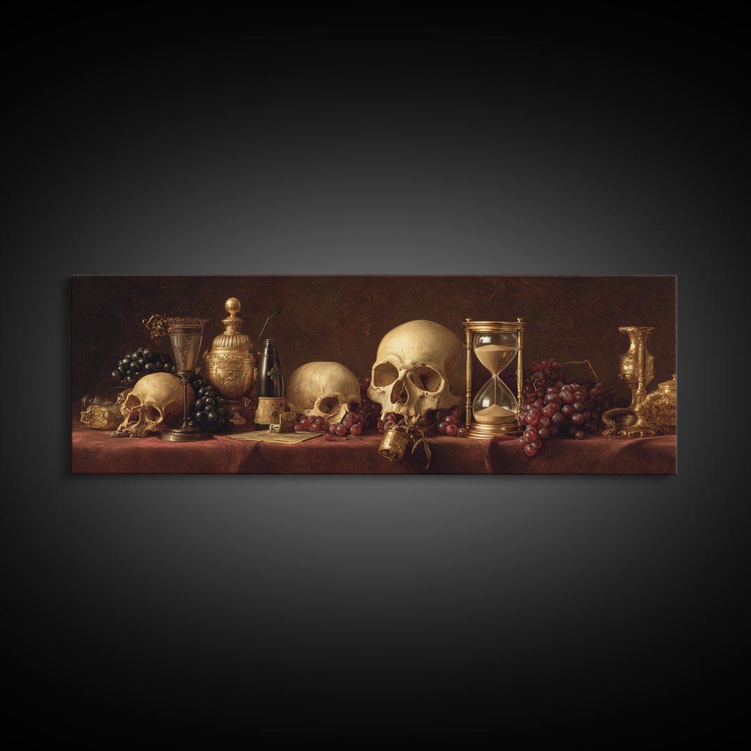 Skull and Hourglass Vanitas Still Life Framed Canvas Print, Baroque Art, Whimsical Decor, Living Room Decor, Fine Art, Ornate, BAO-3x1-69