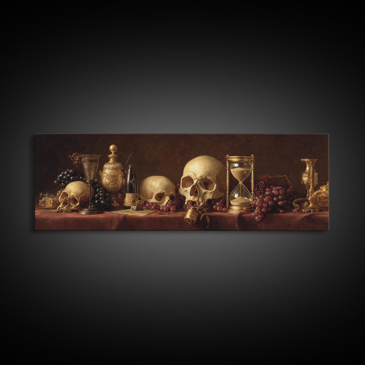 Skull and Hourglass Vanitas Still Life Framed Canvas Print, Baroque Art, Whimsical Decor, Living Room Decor, Fine Art, Ornate, BAO-3x1-69