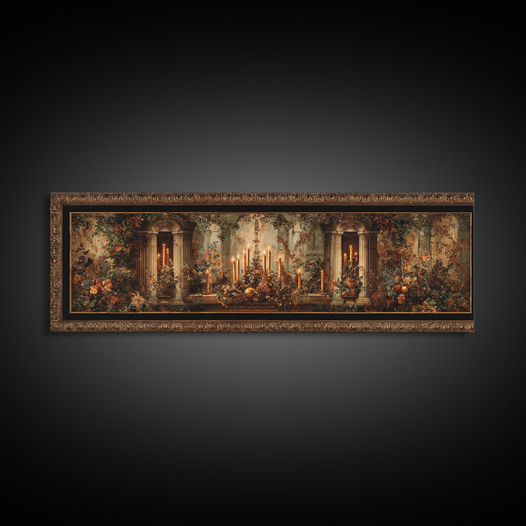 Ornate Gold Frame Illusion Around a Botanical Framed Canvas Print, Baroque Art, 3d Wall Art, Living Room Decor, Oil Painting, BAO-3x1-73