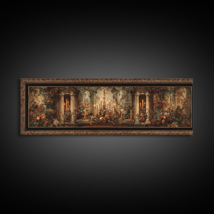 Ornate Gold Frame Illusion Around a Botanical Framed Canvas Print, Baroque Art, 3d Wall Art, Living Room Decor, Oil Painting, BAO-3x1-73