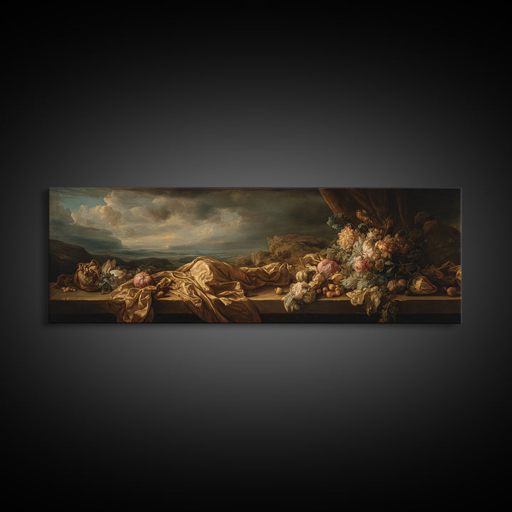 Theatrical Stormy Landscape Framed Canvas Print, Baroque Art, Oil Painting, Living Room Decor, Ornate, Eclectic Wall Art, BAO-3x1-74