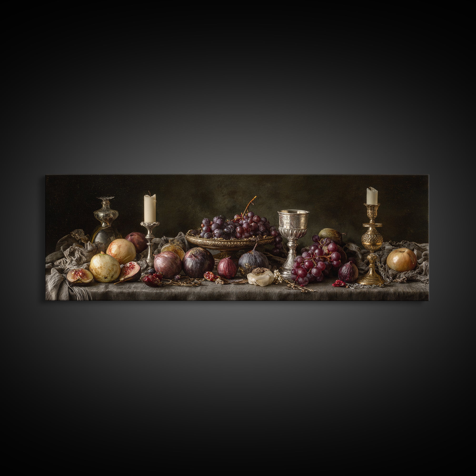 Candlelit Table with Silver Goblet and Figs Framed Canvas Print, Baroque Art, Oil Painting, Living Room Decor, Fine Art, Ornate, BAO-3x1-77