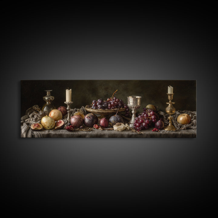 Candlelit Table with Silver Goblet and Figs Framed Canvas Print, Baroque Art, Oil Painting, Living Room Decor, Fine Art, Ornate, BAO-3x1-77