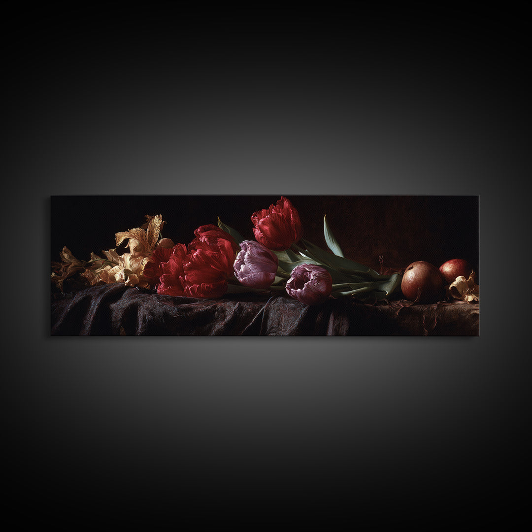 Black Background Tulips Canvas Print, Baroque Art, Gallery Wall, Living Room Decor, Ornate, Neutral Decor, Modern Decor, BAO-3x1-8