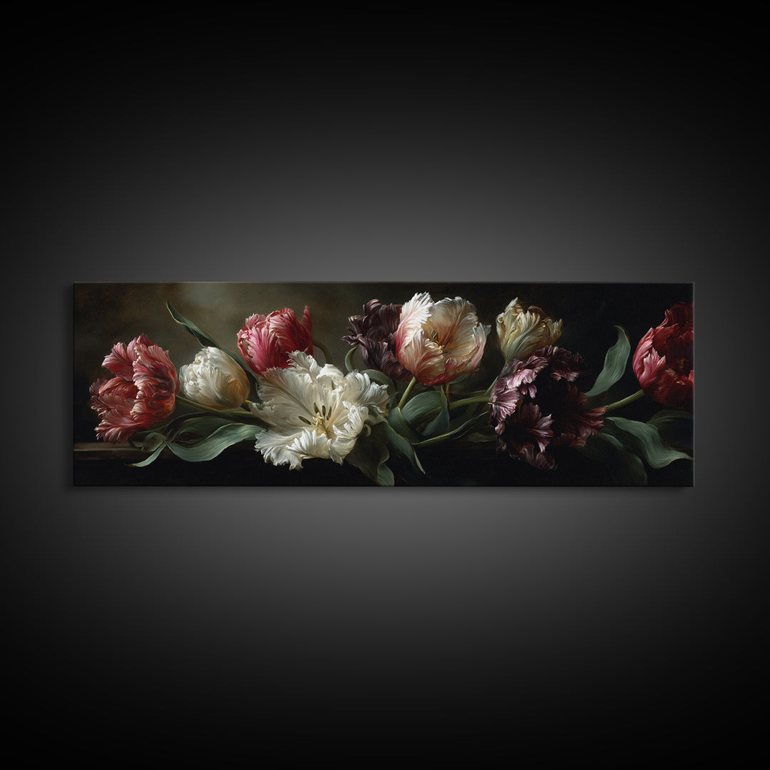 Black Background Tulips Canvas Print, Baroque Art, Minimalist Decor, Living Room Decor, Fine Art, Ornate, Whimsical Decor, BAO-3x1-80