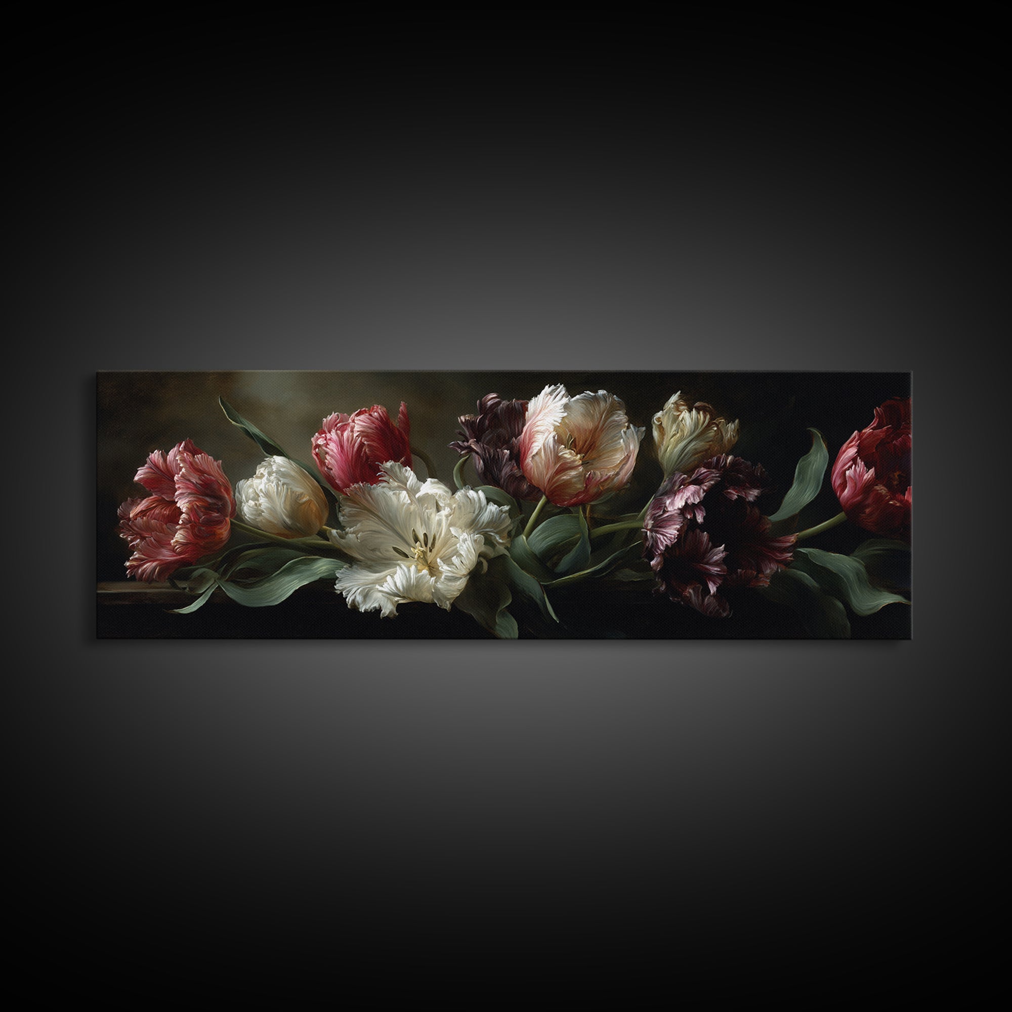 Black Background Tulips Canvas Print, Baroque Art, Minimalist Decor, Living Room Decor, Fine Art, Ornate, Whimsical Decor, BAO-3x1-80
