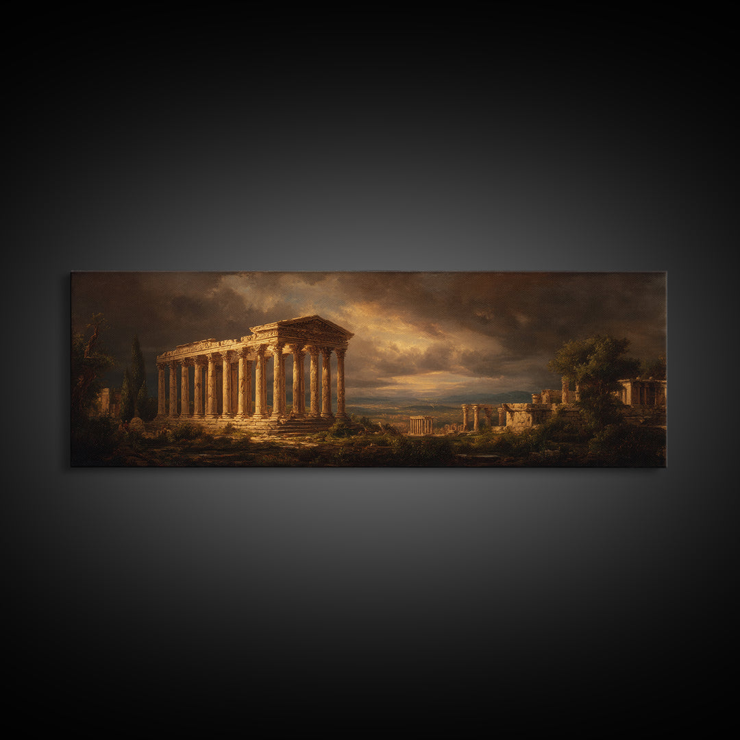 Classical Ruins Beneath a Dramatic Sky Canvas Print, Baroque Art, Minimalist Decor, Living Room Decor, Fine Art, Ornate, BAO-3x1-83