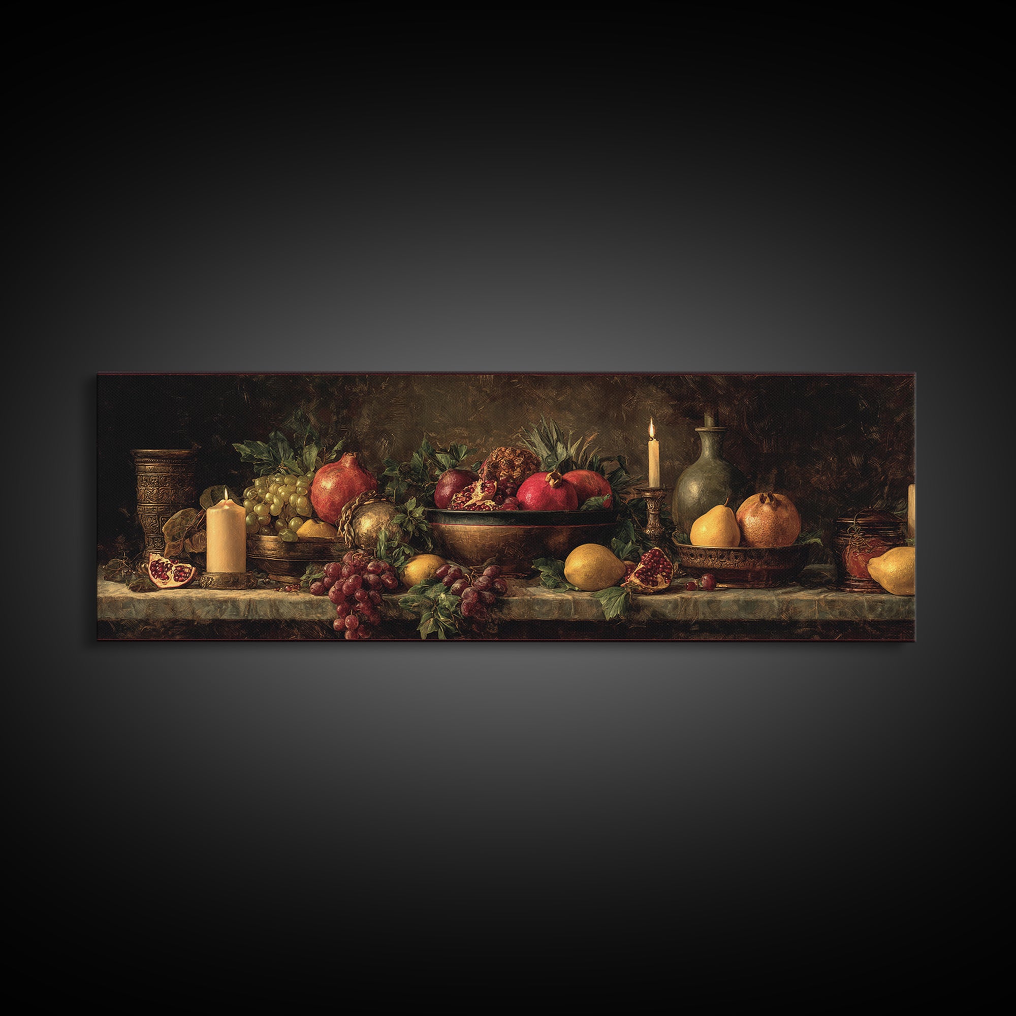 Dramatic Fruit Still Life Framed Canvas Print, Baroque Art, Living Room Wall Art, Living Room Decor, Oil Painting, Ornate, BAO-3x1-89