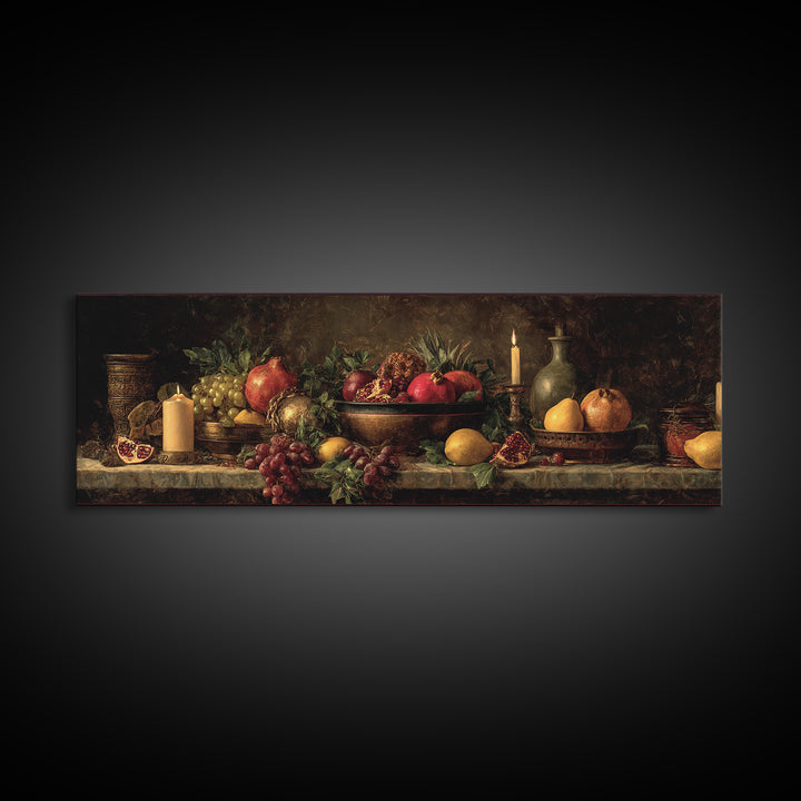 Dramatic Fruit Still Life Framed Canvas Print, Baroque Art, Living Room Wall Art, Living Room Decor, Oil Painting, Ornate, BAO-3x1-89